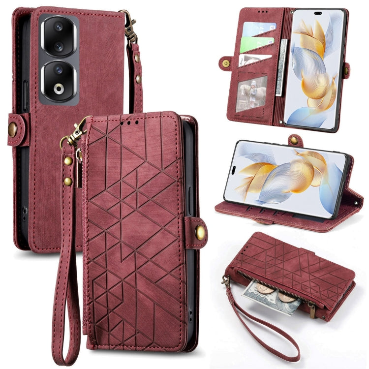 For Honor 90 Pro Geometric Zipper Wallet Side Buckle Leather Phone Case(Red) by buy2fix