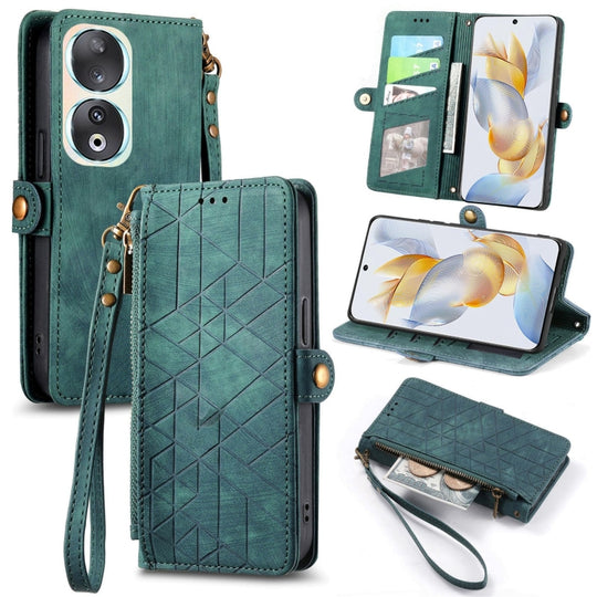 Pour Honor 90 Portefeuille à fermeture éclair géométrique Boucle latérale Étui de téléphone en cuir (Vert)