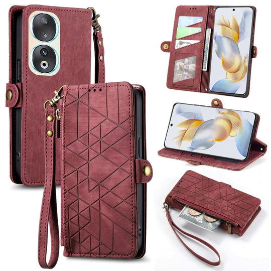 For Honor 90 Geometric Zipper Wallet Side Buckle Leather Phone Case(Red)