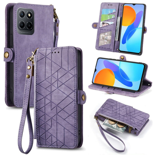 For Honor X8 5G Geometric Zipper Wallet Side Buckle Leather Phone Case(Purple) by buy2fix