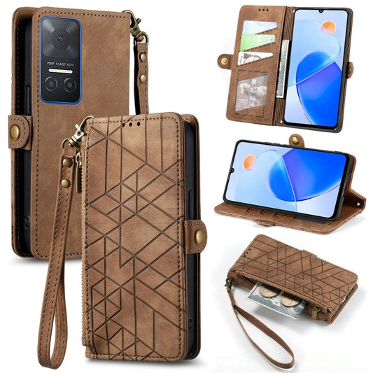 For Honor Play 6T Geometric Zipper Wallet Side Buckle Leather Phone Case(Brown) - Honor Cases by buy2fix | Online Shopping UK | buy2fix
