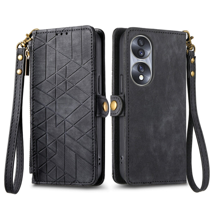 For Honor 60 Geometric Zipper Wallet Side Buckle Leather Phone Case(Black) by buy2fix