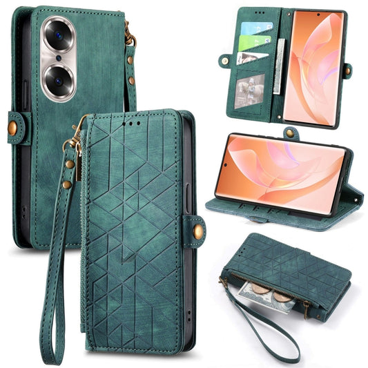 For Honor 60 Pro Geometric Zipper Wallet Side Buckle Leather Phone Case(Green) by buy2fix
