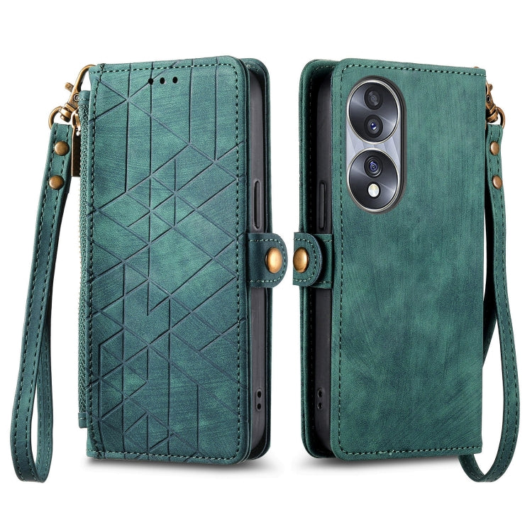 For Honor 60 Pro Geometric Zipper Wallet Side Buckle Leather Phone Case(Green) by buy2fix