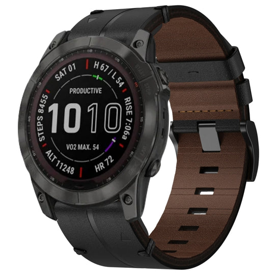 For Garmin Fenix 7 Sapphire Solar Leather Textured 22mm Watch Band(Black)