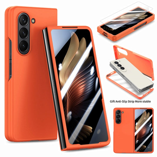 For Samsung Galaxy Z Fold5 JUNSUNMAY Smoothly PC + 9H Tempered Glass Protector Folding Phone Case(Orange) - Galaxy Z Fold5 Cases by JUNSUNMAY | Online Shopping UK | buy2fix