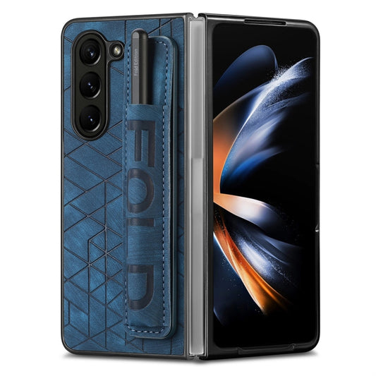 For Samsung Galaxy Z Fold5 JUNSUNMAY Retro Pattern Leather Skin PC Folding Phone Case with Pen Slot(Blue) - Galaxy Z Fold5 Cases by JUNSUNMAY | Online Shopping UK | buy2fix