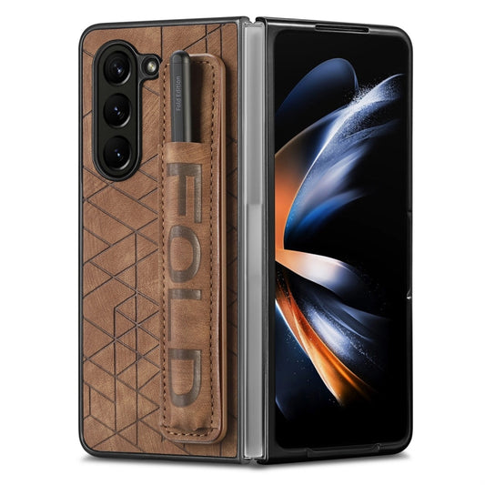 For Samsung Galaxy Z Fold5 JUNSUNMAY Retro Pattern Leather Skin PC Folding Phone Case with Pen Slot(Brown) - Galaxy Z Fold5 Cases by JUNSUNMAY | Online Shopping UK | buy2fix