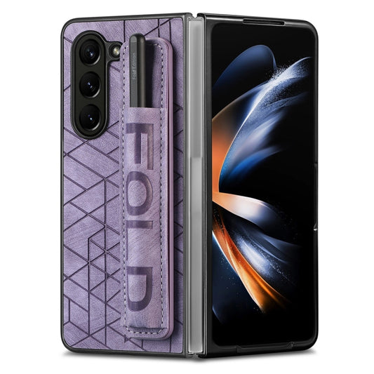 For Samsung Galaxy Z Fold5 JUNSUNMAY Retro Pattern Leather Skin PC Folding Phone Case with Pen Slot(Purple) - Galaxy Z Fold5 Cases by JUNSUNMAY | Online Shopping UK | buy2fix