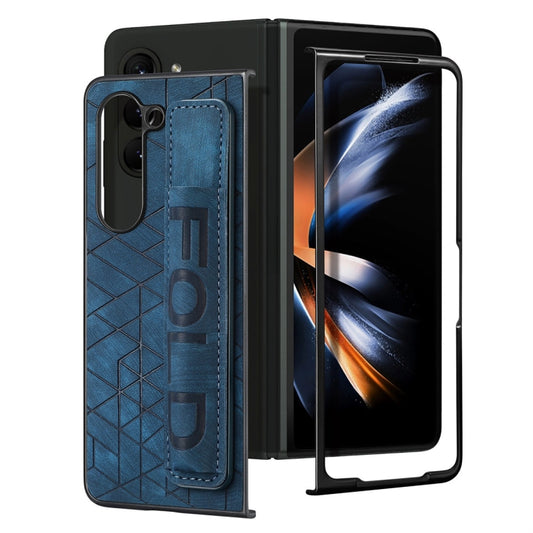 For Samsung Galaxy Z Fold6 JUNSUNMAY Retro Pattern Leather Skin PC Folding Phone Case with Pen Slot(Blue) - Galaxy Z Fold6 5G Cases by JUNSUNMAY | Online Shopping UK | buy2fix