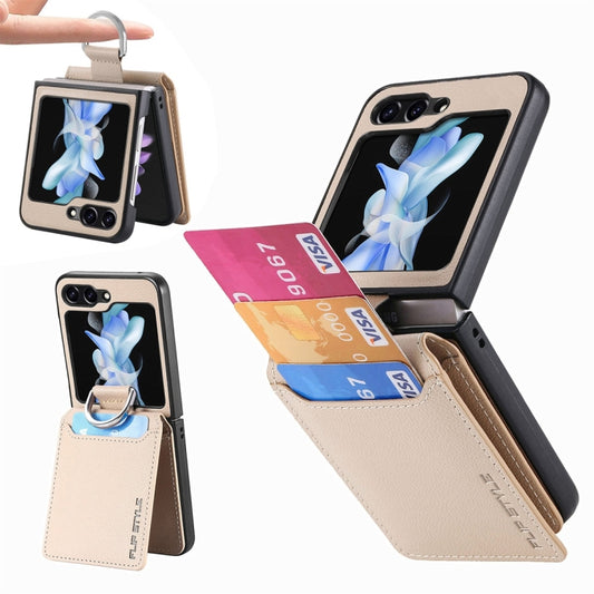 For Samsung Galaxy Z Flip5 JUNSUNMAY Litchi Leather Skin PC Folding Phone Case(Khaki) - Galaxy Z Flip5 Cases by JUNSUNMAY | Online Shopping UK | buy2fix
