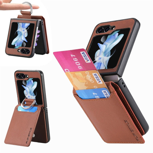 For Samsung Galaxy Z Flip5 JUNSUNMAY Litchi Leather Skin PC Folding Phone Case(Brown) - Galaxy Z Flip5 Cases by JUNSUNMAY | Online Shopping UK | buy2fix