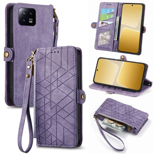 For Xiaomi 13 Geometric Zipper Wallet Side Buckle Leather Phone Case(Purple) - Xiaomi Cases by buy2fix | Online Shopping UK | buy2fix