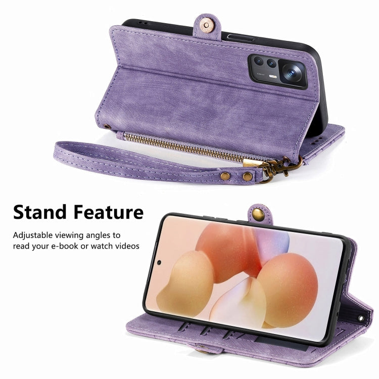 For Xiaomi 13 Geometric Zipper Wallet Side Buckle Leather Phone Case(Purple) - Xiaomi Cases by buy2fix | Online Shopping UK | buy2fix