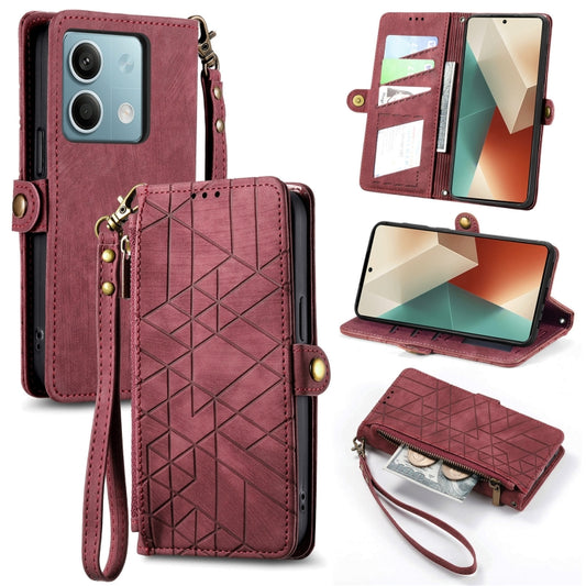 For Redmi Note 13 4G Geometric Zipper Wallet Side Buckle Leather Phone Case(Red) - Xiaomi Cases by buy2fix | Online Shopping UK | buy2fix