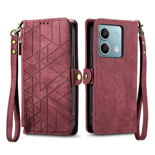 For Redmi Note 13 4G Geometric Zipper Wallet Side Buckle Leather Phone Case(Red) - Xiaomi Cases by buy2fix | Online Shopping UK | buy2fix