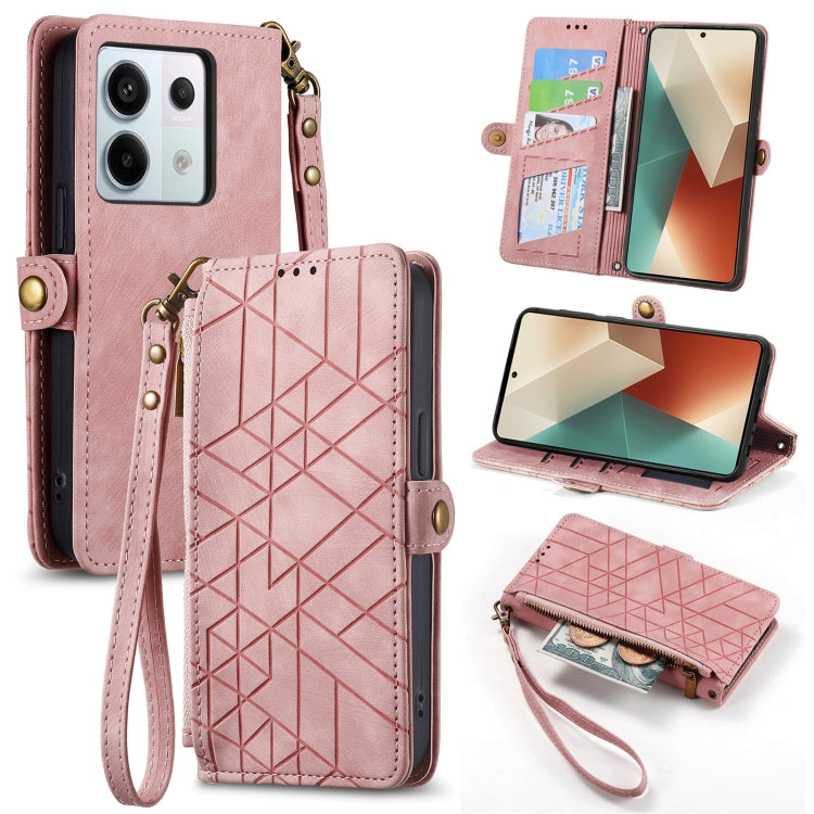 For Redmi Note 13 Pro 4G Geometric Zipper Wallet Side Buckle Leather Phone Case(Pink) - Xiaomi Cases by buy2fix | Online Shopping UK | buy2fix