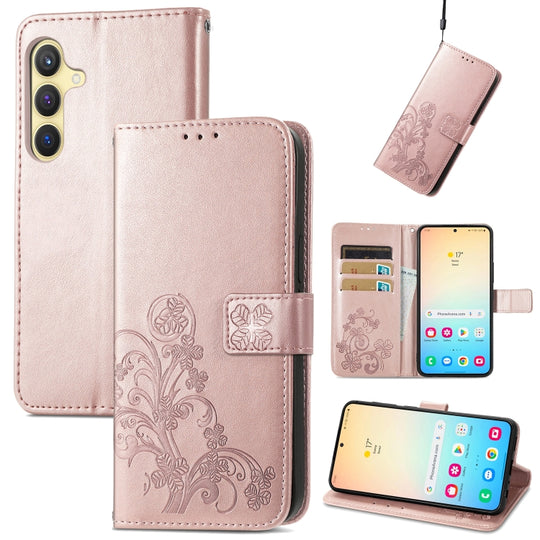 For Galaxy S24 5G Four-leaf Clasp Embossed Buckle Leather Phone Case(Rose Gold)