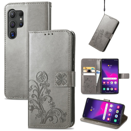 For Galaxy S24 Ultra 5G Four-leaf Clasp Embossed Buckle Leather Phone Case(Gray)