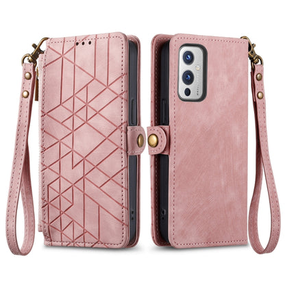 For OnePlus 11 Geometric Zipper Wallet Side Buckle Leather Phone Case(Pink) - OnePlus Cases by buy2fix | Online Shopping UK | buy2fix