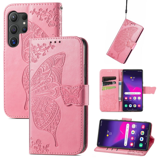 For Samsung Galaxy S24 Ultra 5G Butterfly Love Flower Embossed Leather Phone Case(Pink)