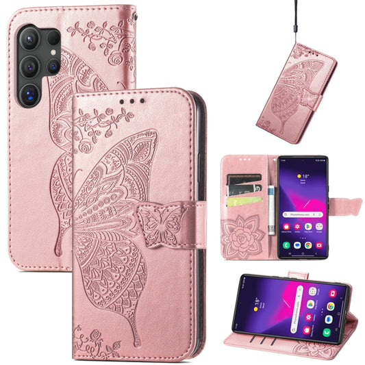 For Samsung Galaxy S25 Ultra 5G Butterfly Love Flower Embossed Leather Phone Case(Rose Gold) by buy2fix