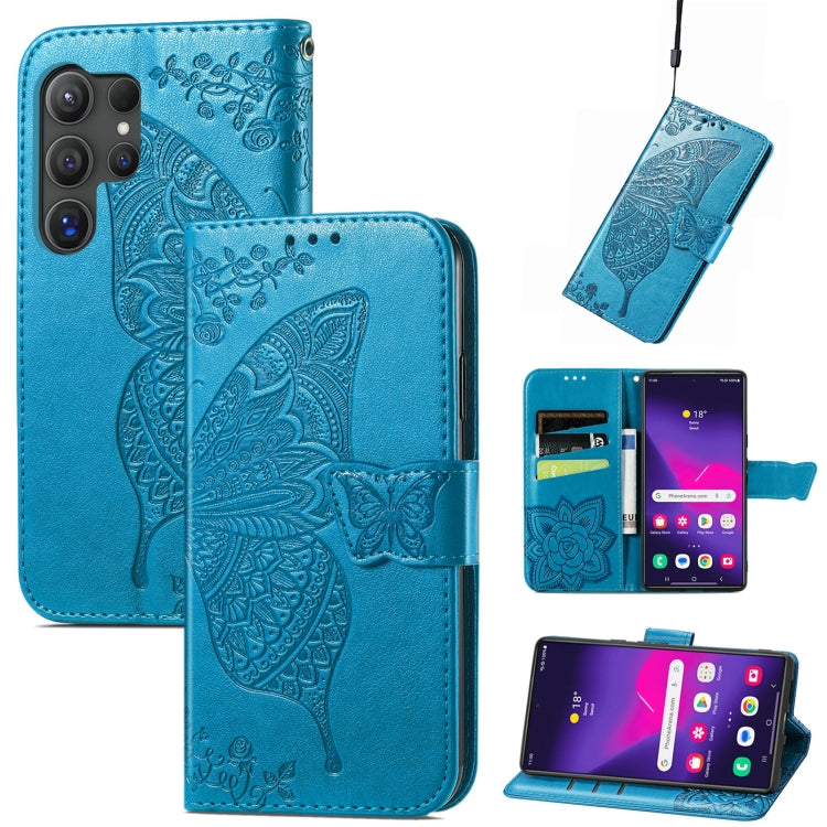 For Samsung Galaxy S25 Ultra 5G Butterfly Love Flower Embossed Leather Phone Case(Blue) by buy2fix