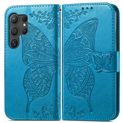For Samsung Galaxy S25 Ultra 5G Butterfly Love Flower Embossed Leather Phone Case(Blue) by buy2fix
