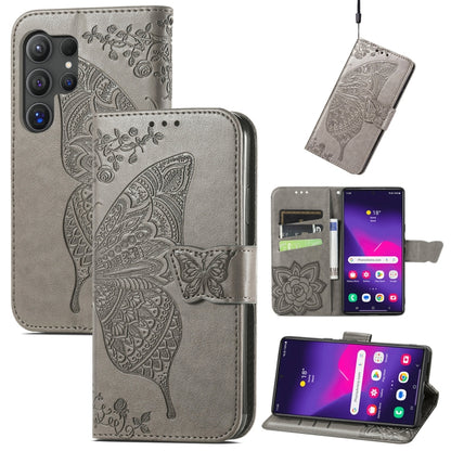 For Samsung Galaxy S25 Ultra 5G Butterfly Love Flower Embossed Leather Phone Case(Gray) by buy2fix