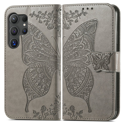 For Samsung Galaxy S25 Ultra 5G Butterfly Love Flower Embossed Leather Phone Case(Gray) by buy2fix