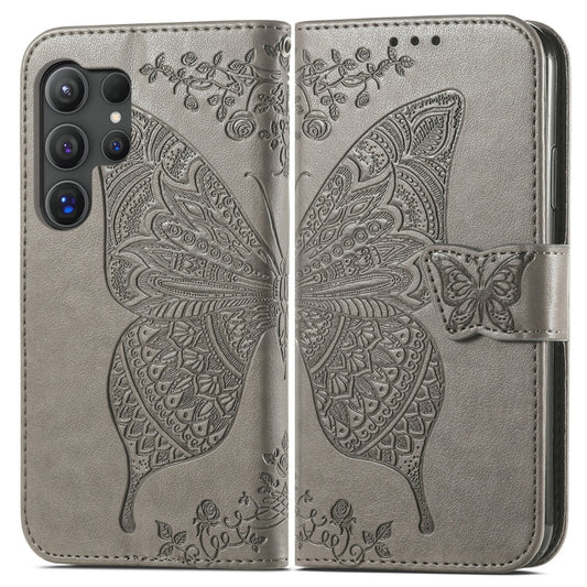 For Samsung Galaxy S25 Ultra 5G Butterfly Love Flower Embossed Leather Phone Case(Gray) by buy2fix