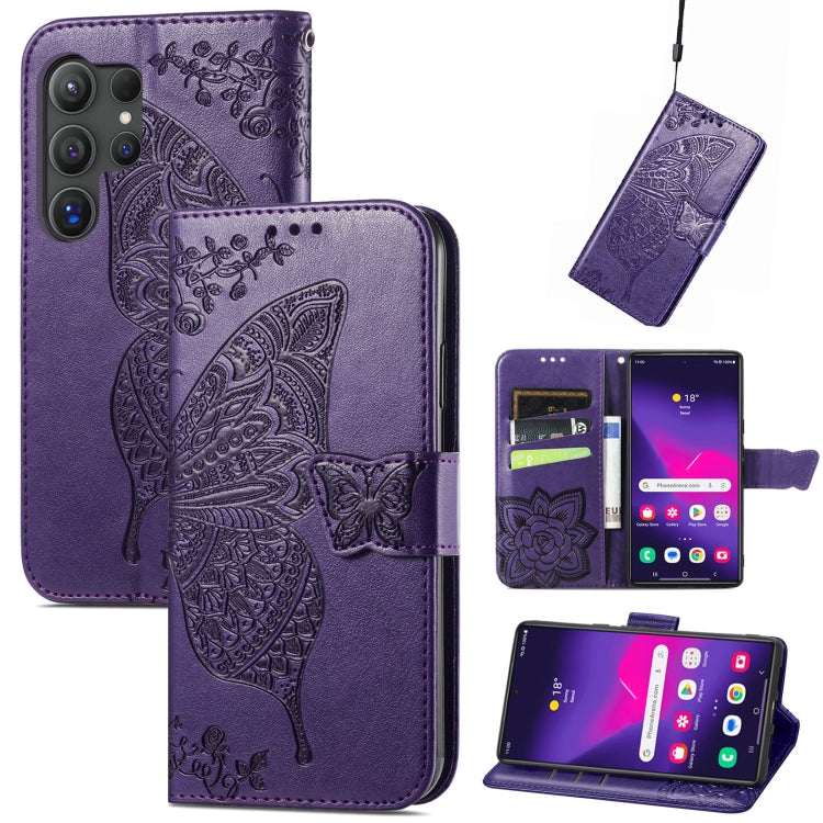 For Samsung Galaxy S25 Ultra 5G Butterfly Love Flower Embossed Leather Phone Case(Dark Purple) by buy2fix