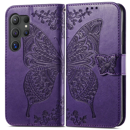 For Samsung Galaxy S25 Ultra 5G Butterfly Love Flower Embossed Leather Phone Case(Dark Purple) by buy2fix