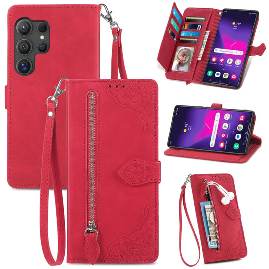 For Samsung Galaxy S24 Ultra 5G Embossed Flower Zipper Leather Phone Case(Red)