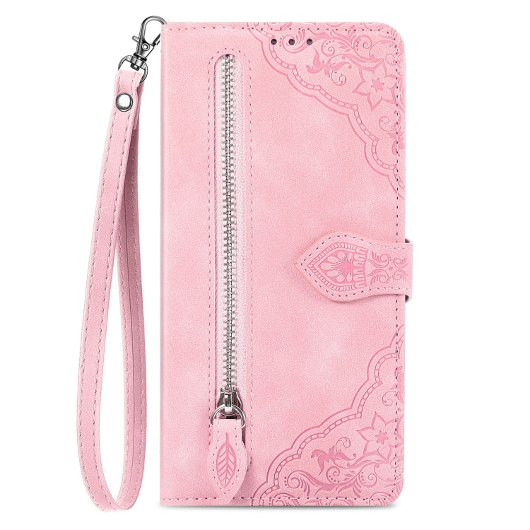 For Samsung Galaxy S24 5G Embossed Flower Zipper Leather Phone Case(Pink) - Galaxy S24 5G Cases by buy2fix | Online Shopping UK | buy2fix