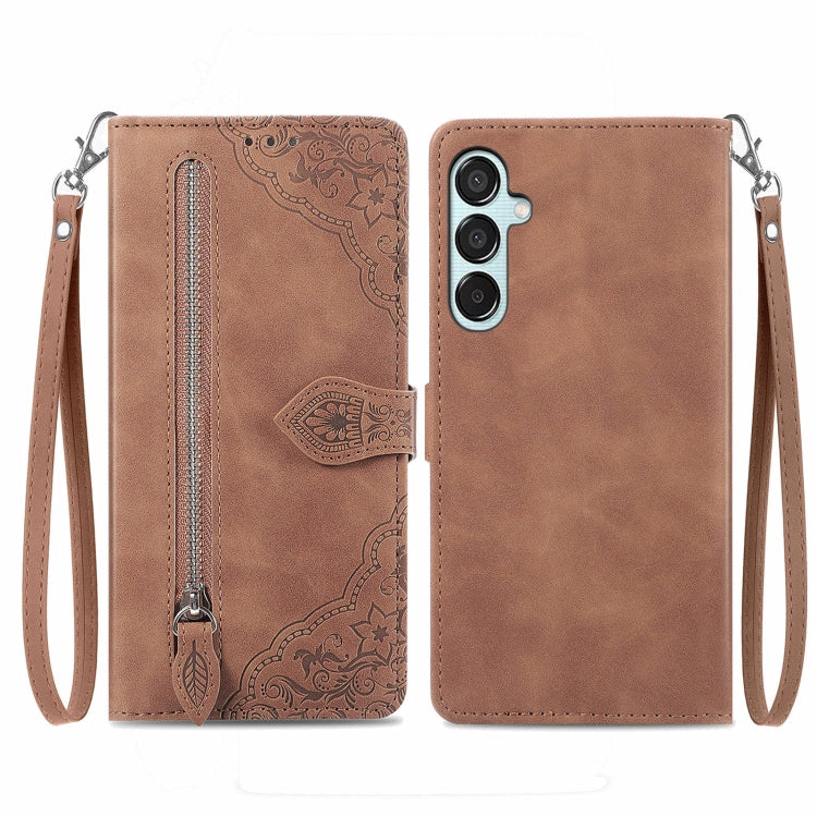 For Samsung Galaxy M15 Embossed Flower Zipper Leather Phone Case(Brown) by buy2fix