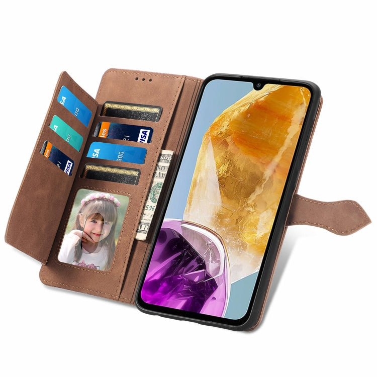 For Samsung Galaxy M15 Embossed Flower Zipper Leather Phone Case(Brown) by buy2fix