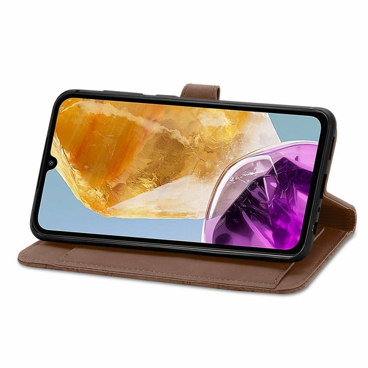 For Samsung Galaxy M15 Embossed Flower Zipper Leather Phone Case(Brown) by buy2fix