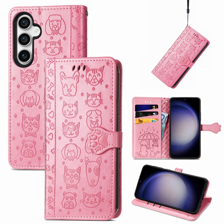 For Samsung Galaxy S23 FE 5G Cat and Dog Embossed Leather Phone Case(Pink) by buy2fix