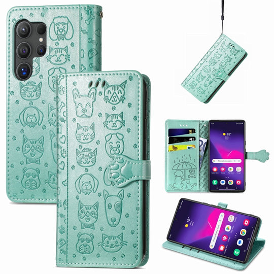 For Samsung Galaxy S24 Ultra 5G Cat and Dog Embossed Leather Phone Case(Green)