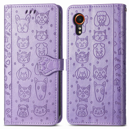 For Samsung Galaxy Xcover 7 Cat and Dog Embossed Leather Phone Case(Purple) by buy2fix