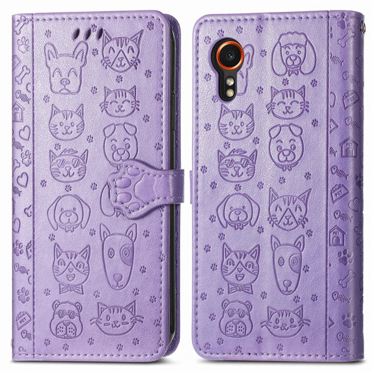 For Samsung Galaxy Xcover 7 Cat and Dog Embossed Leather Phone Case(Purple) by buy2fix