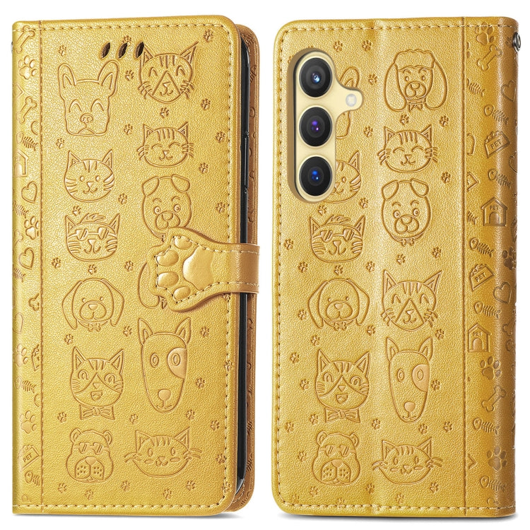 For Samsung Galaxy S25 5G Cat and Dog Embossed Leather Phone Case(Yellow) by buy2fix