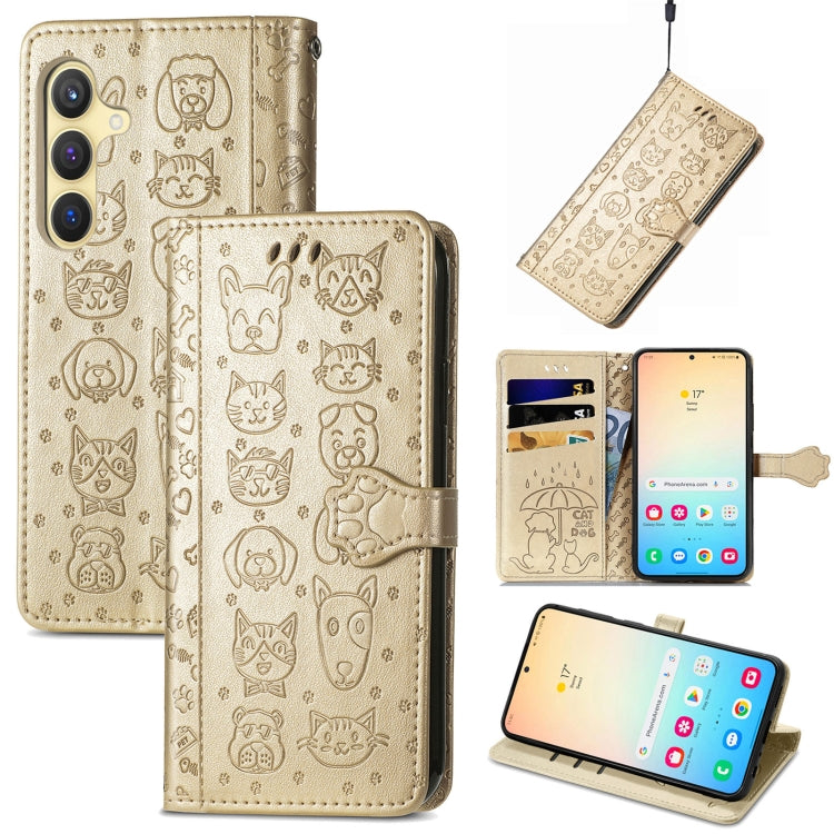 For Samsung Galaxy S25 5G Cat and Dog Embossed Leather Phone Case(Gold) by buy2fix