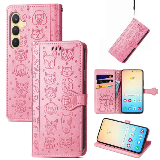 For Samsung Galaxy S25 5G Cat and Dog Embossed Leather Phone Case(Pink) by buy2fix