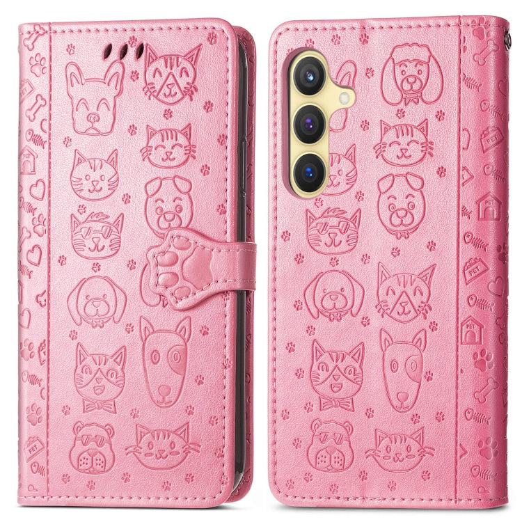 For Samsung Galaxy S25 5G Cat and Dog Embossed Leather Phone Case(Pink) by buy2fix