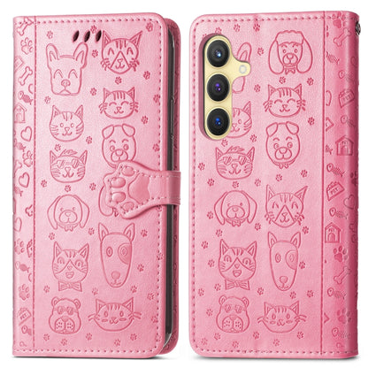 For Samsung Galaxy S25 5G Cat and Dog Embossed Leather Phone Case(Pink) by buy2fix