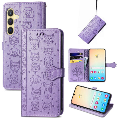 For Samsung Galaxy S25+ 5G Cat and Dog Embossed Leather Phone Case(Purple) by buy2fix