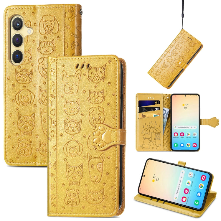 For Samsung Galaxy S25+ 5G Cat and Dog Embossed Leather Phone Case(Yellow) by buy2fix