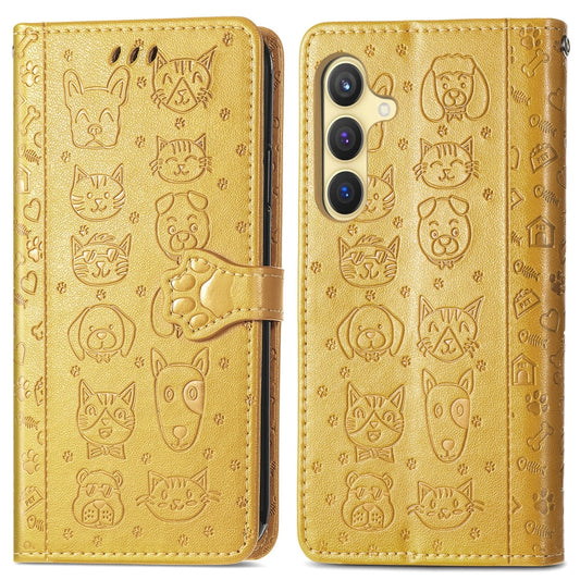 For Samsung Galaxy S25 Ultra 5G Cat and Dog Embossed Leather Phone Case(Yellow) by buy2fix